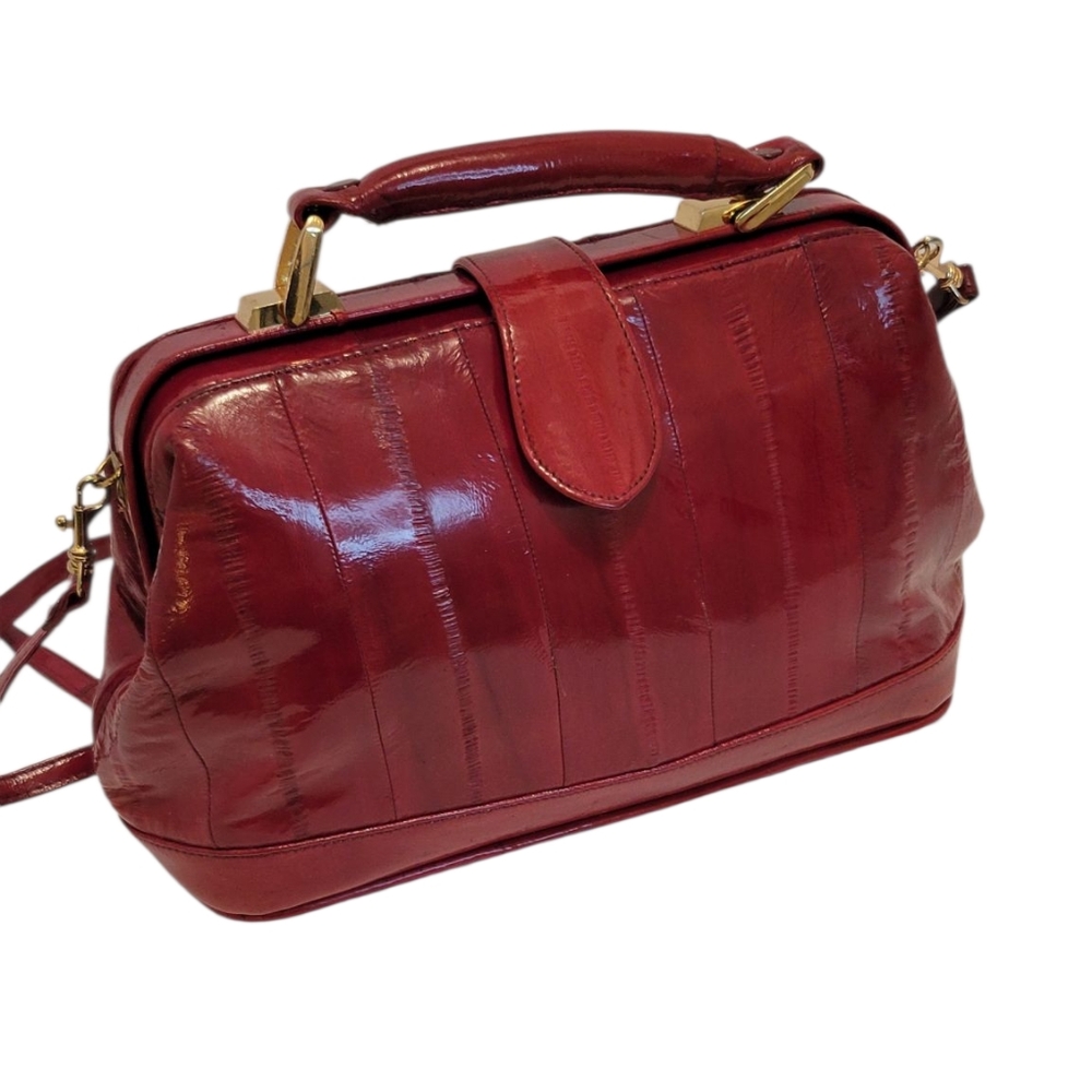 Vintage 20th Eel Skin Oxblood "Doctor's" Handbag With Shoulder Strap